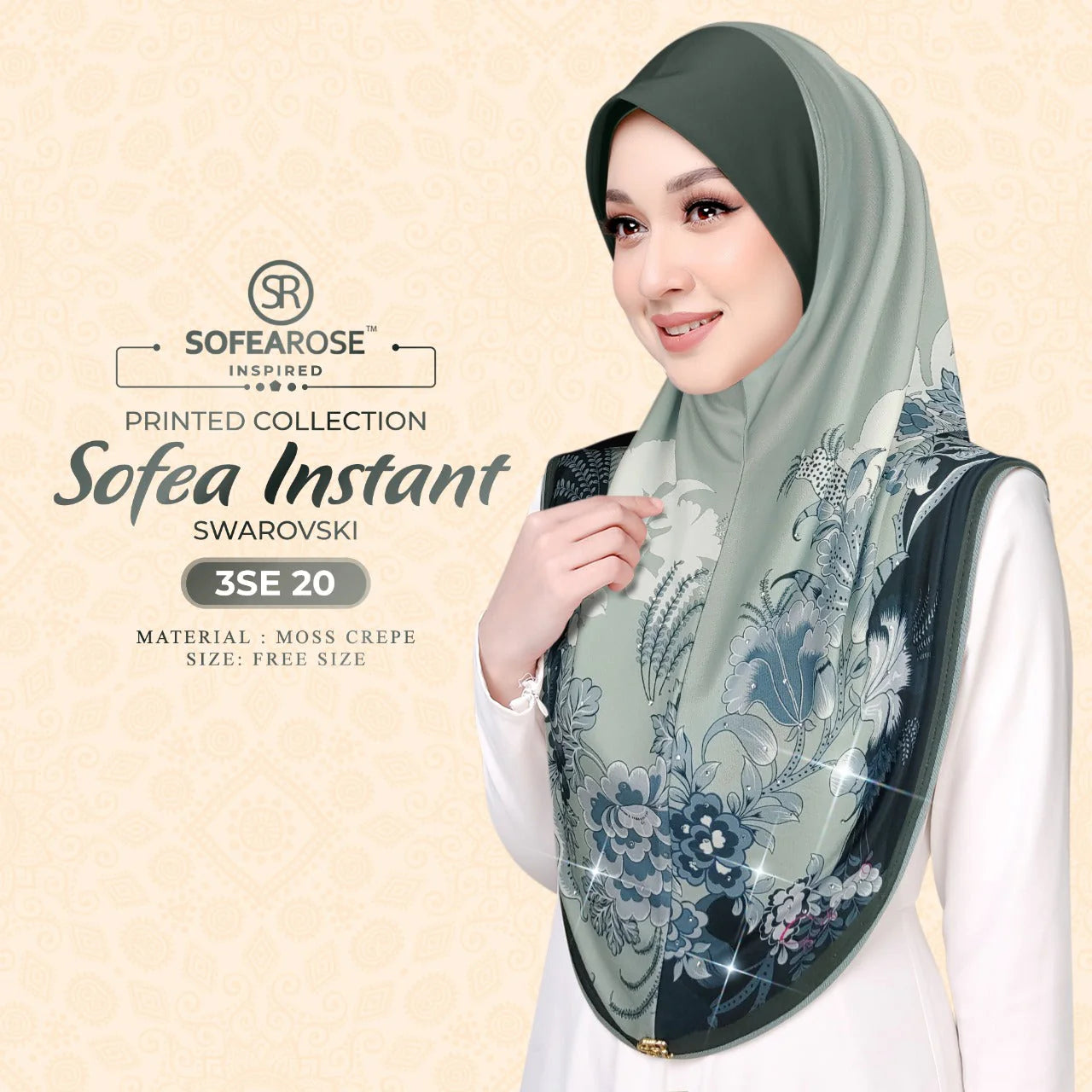 SOFEAROSE X Swarovski Printed Instant Hijab 3SE